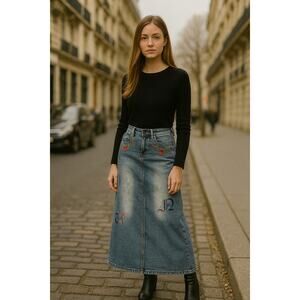 Crest Jeans Denim Maxi Skirt Womens Size 5 6 Floral Embroidered Pockets Blue Y2K